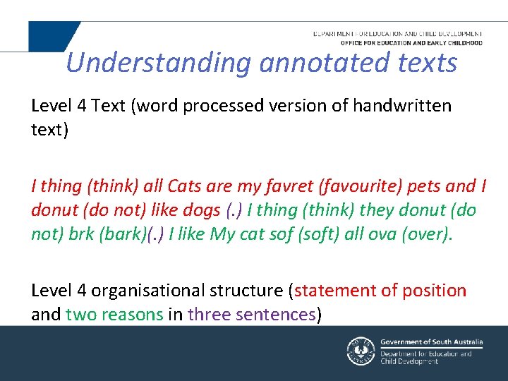 Understanding annotated texts Level 4 Text (word processed version of handwritten text) I thing