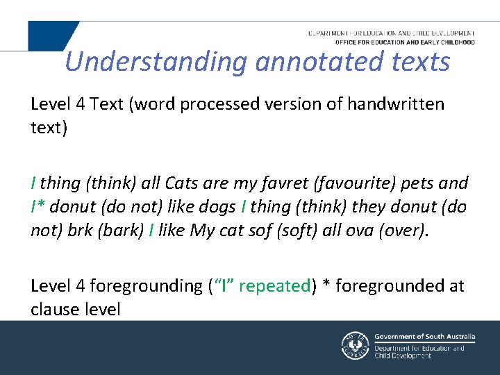 Understanding annotated texts Level 4 Text (word processed version of handwritten text) I thing
