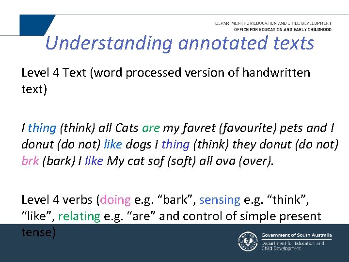 Understanding annotated texts Level 4 Text (word processed version of handwritten text) I thing