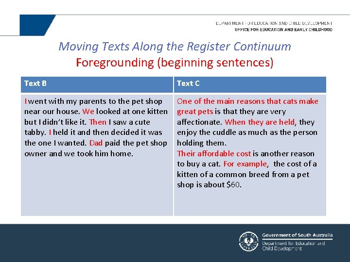 Moving Texts Along the Register Continuum Foregrounding (beginning sentences) Text B Text C I