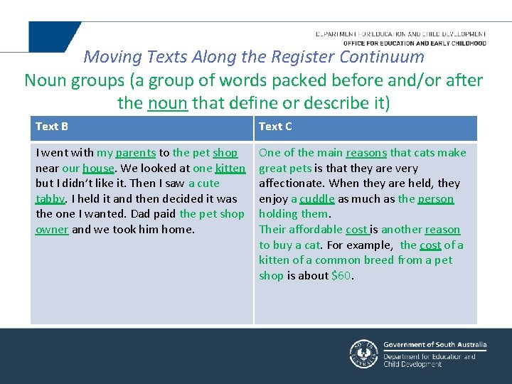 Moving Texts Along the Register Continuum Noun groups (a group of words packed before