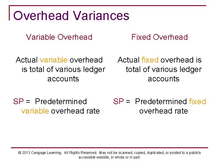 Overhead Variances Variable Overhead Fixed Overhead Actual variable overhead is total of various ledger