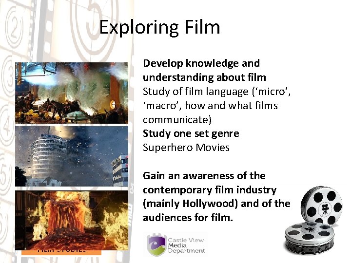 Exploring Film Develop knowledge and understanding about film Study of film language (‘micro’, ‘macro’,