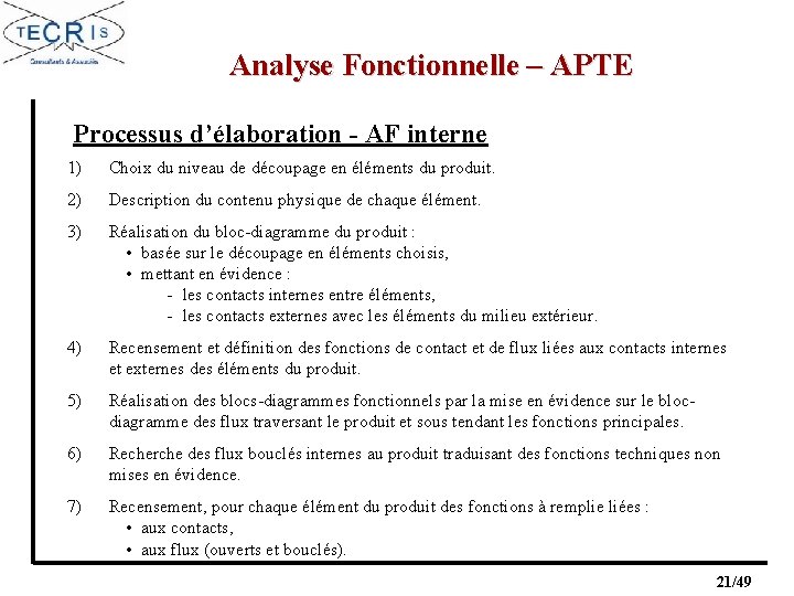Analyse Fonctionnelle – APTE Processus d’élaboration - AF interne 1) Choix du niveau de