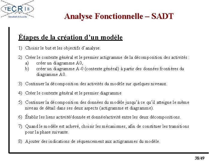 Analyse Fonctionnelle – SADT Étapes de la création d’un modèle 1) Choisir le but