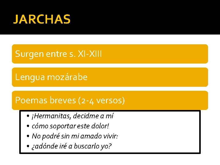 JARCHAS Surgen entre s. XI-XIII Lengua mozárabe Poemas breves (2 -4 versos) • ¡Hermanitas,