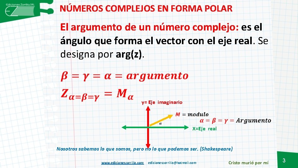 NÚMEROS COMPLEJOS EN FORMA POLAR El argumento de un número complejo: es el ángulo