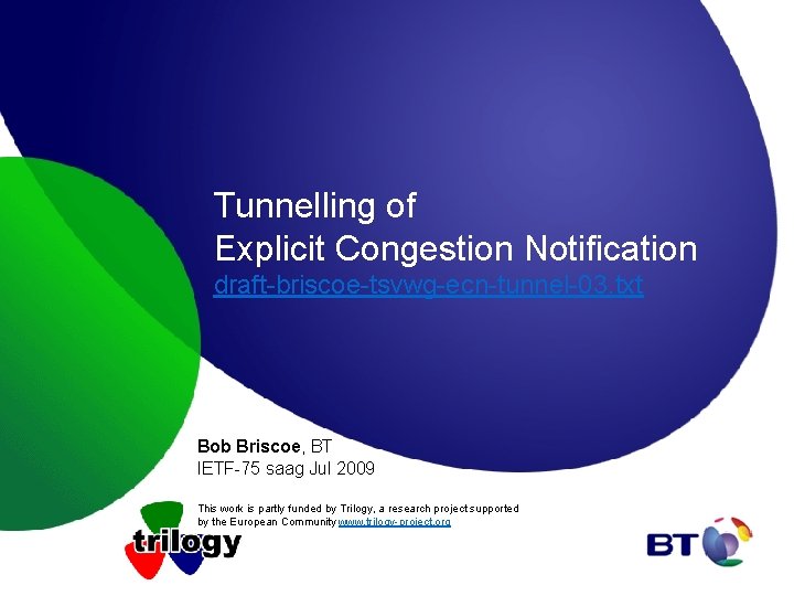 Tunnelling of Explicit Congestion Notification draft-briscoe-tsvwg-ecn-tunnel-03. txt Bob Briscoe, BT IETF-75 saag Jul 2009
