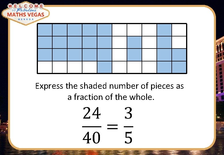Express the shaded number of pieces as a fraction of the whole. 