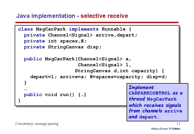 Java implementation - selective receive class Msg. Car. Park implements Runnable { private Channel<Signal>