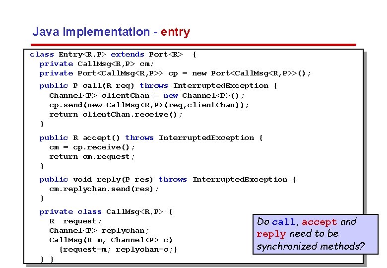 Java implementation - entry class Entry<R, P> extends Port<R> { private Call. Msg<R, P>