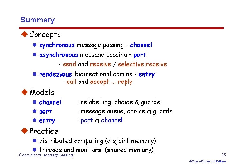 Summary u Concepts l synchronous message passing – channel l asynchronous message passing –