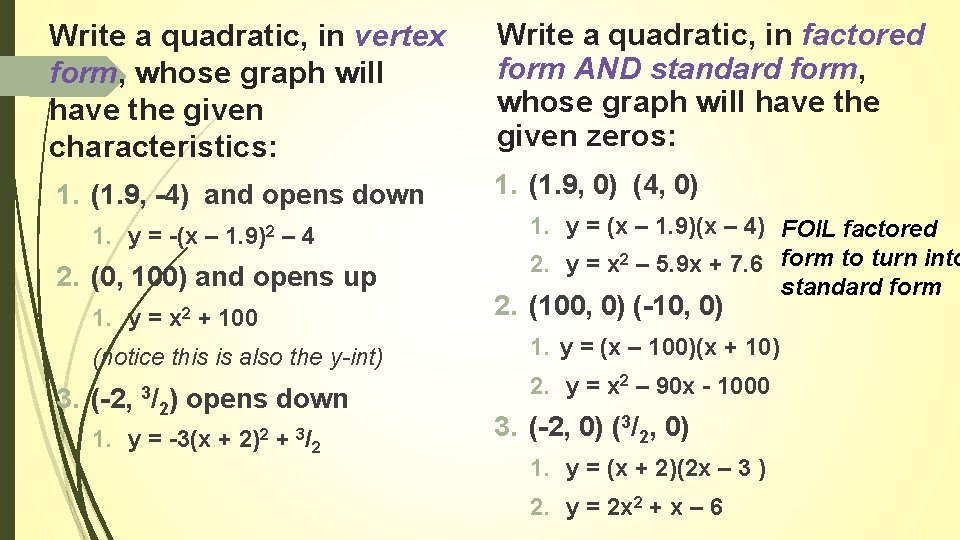 Write a quadratic, in vertex form, whose graph will have the given characteristics: Write