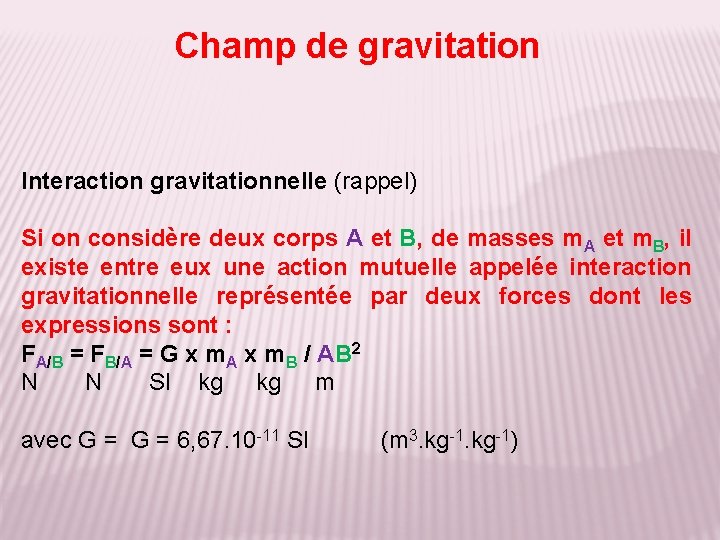 Champ de gravitation Interaction gravitationnelle (rappel) Si on considère deux corps A et B,