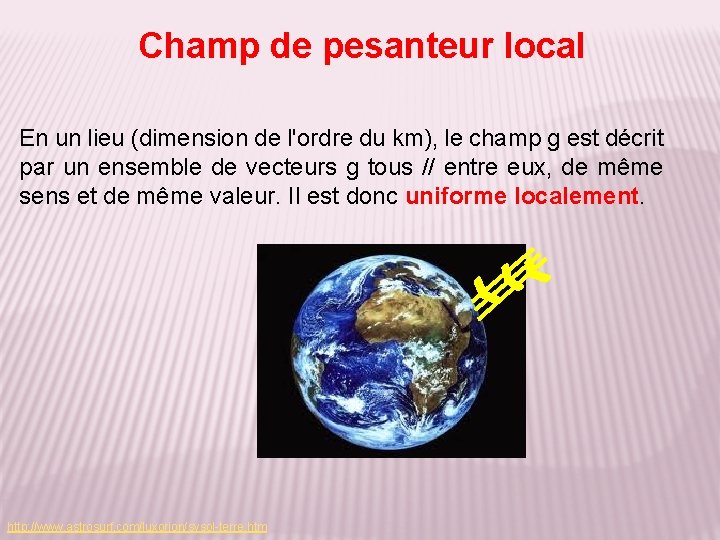 Champ de pesanteur local En un lieu (dimension de l'ordre du km), le champ