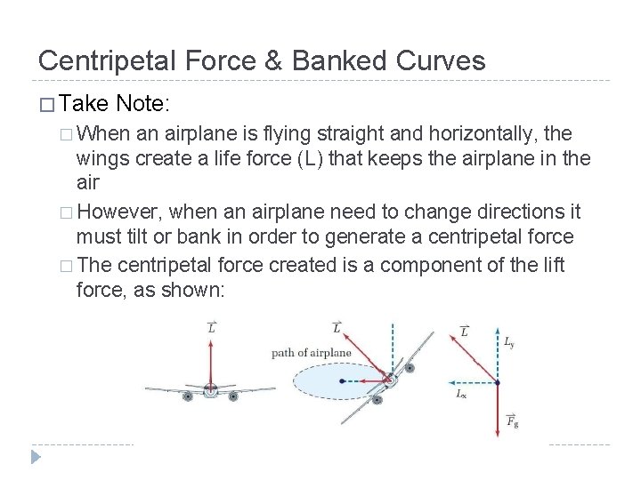 Centripetal Force & Banked Curves � Take Note: � When an airplane is flying