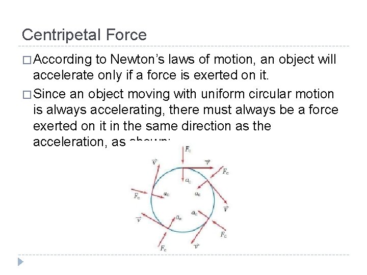 Centripetal Force � According to Newton’s laws of motion, an object will accelerate only
