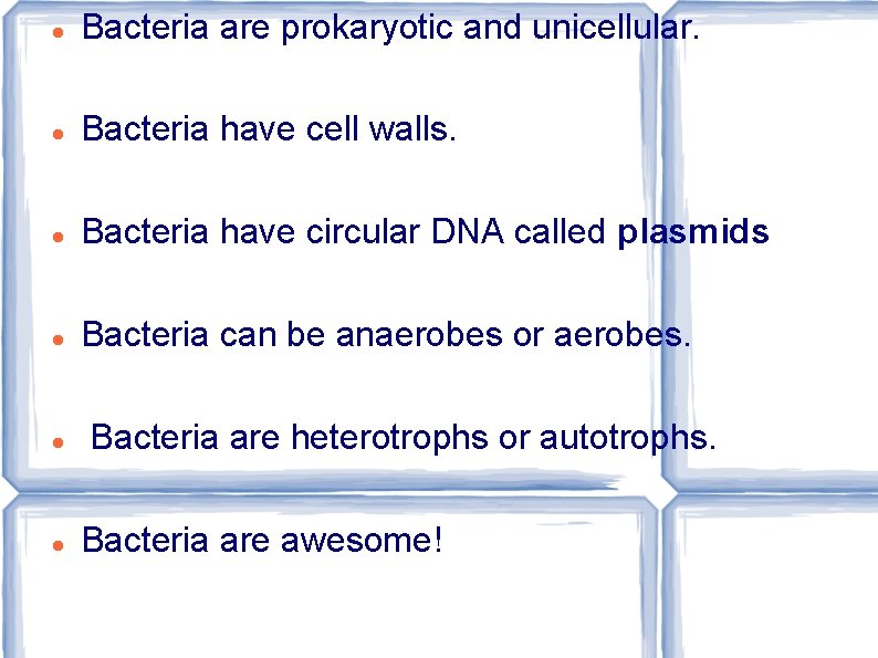  Bacteria are prokaryotic and unicellular. Bacteria have cell walls. Bacteria have circular DNA