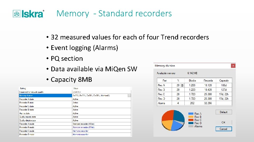 Memory - Standard recorders • 32 measured values for each of four Trend recorders