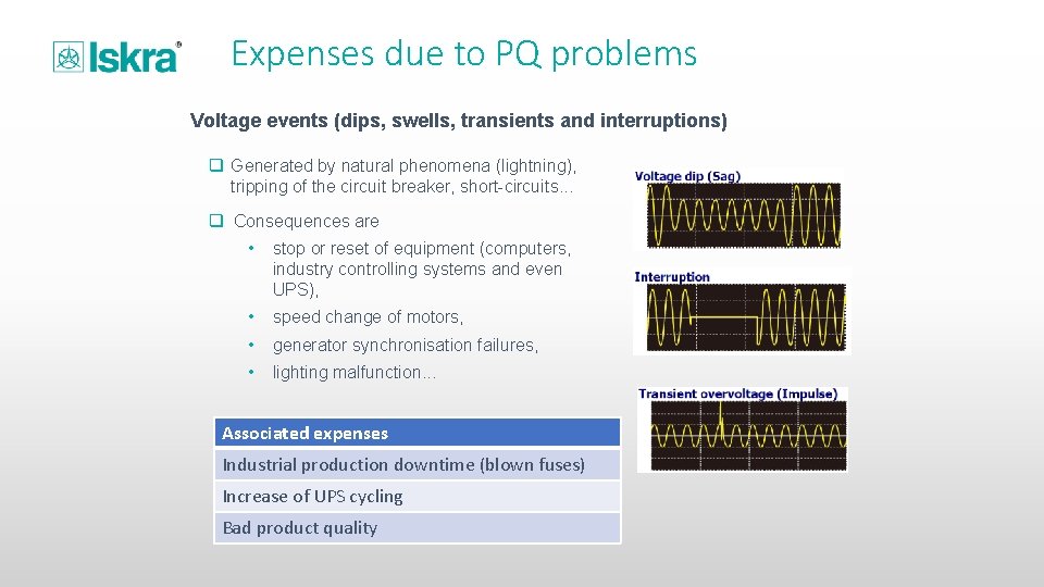 Expenses due to PQ problems Voltage events (dips, swells, transients and interruptions) q Generated