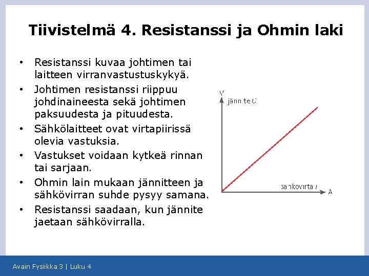 Tiivistelmä 4. Resistanssi ja Ohmin laki • • • Resistanssi kuvaa johtimen tai laitteen