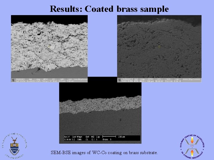 Results: Coated brass sample SEM-BSE images of WC-Co coating on brass substrate. 