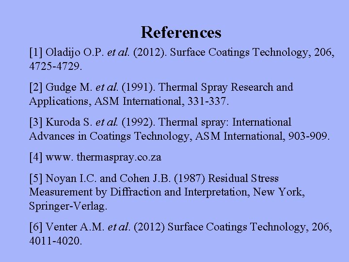 References [1] Oladijo O. P. et al. (2012). Surface Coatings Technology, 206, 4725 -4729.