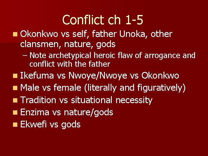 Conflict ch 1 -5 n Okonkwo vs self, father Unoka, other clansmen, nature, gods