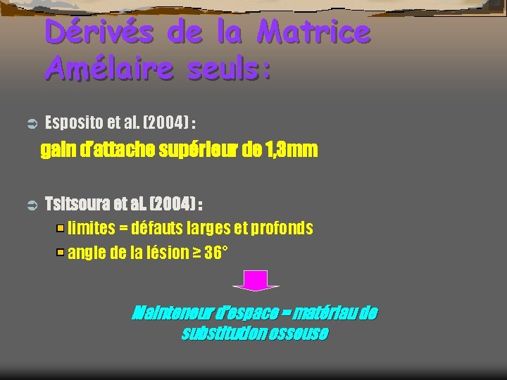 Dérivés de la Matrice Amélaire seuls: Ü Esposito et al. (2004) : gain d’attache