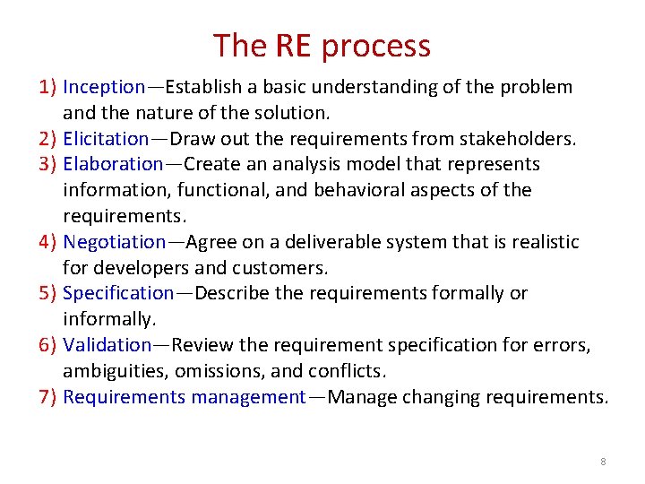 The RE process 1) Inception—Establish a basic understanding of the problem and the nature
