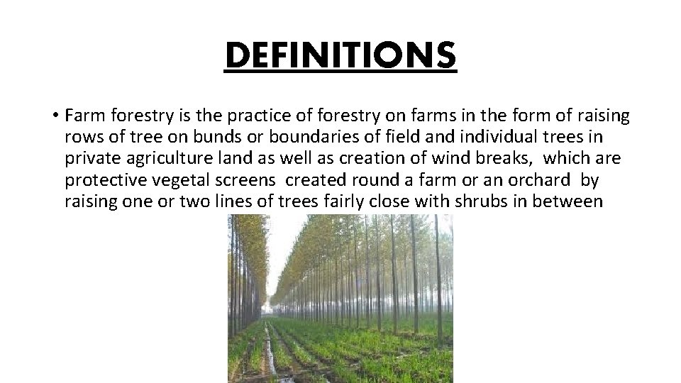 DEFINITIONS • Farm forestry is the practice of forestry on farms in the form