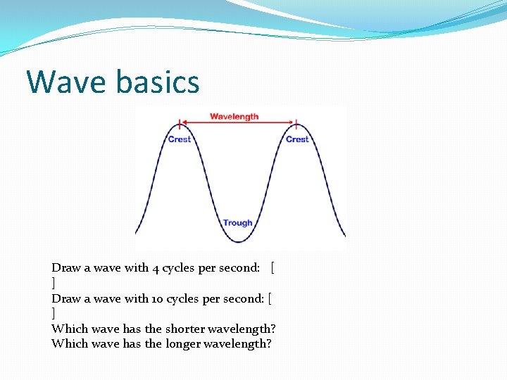Wave basics Draw a wave with 4 cycles per second: [ ] Draw a