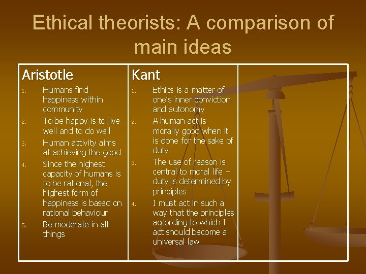 Ethical theorists: A comparison of main ideas Aristotle 1. 2. 3. 4. 5. Humans