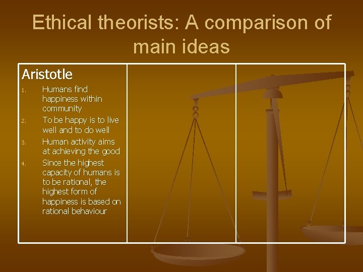 Ethical theorists: A comparison of main ideas Aristotle 1. 2. 3. 4. Humans find