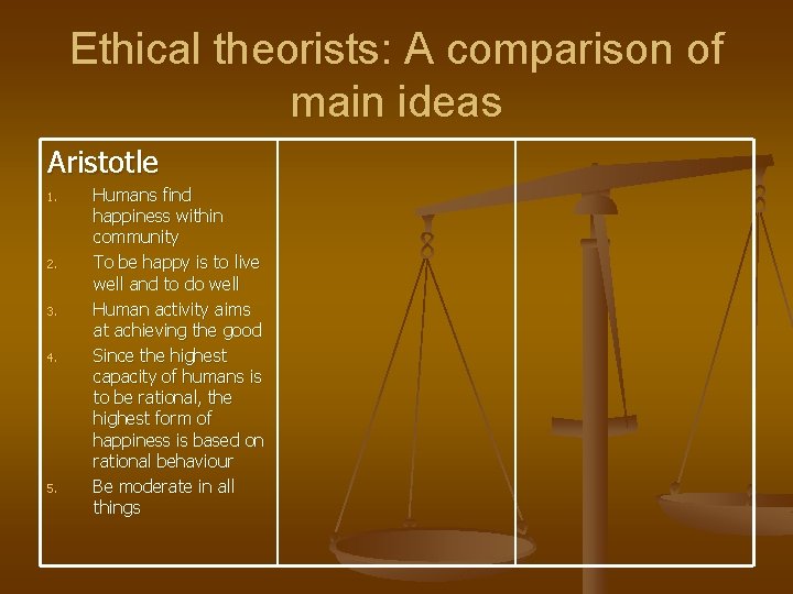 Ethical theorists: A comparison of main ideas Aristotle 1. 2. 3. 4. 5. Humans