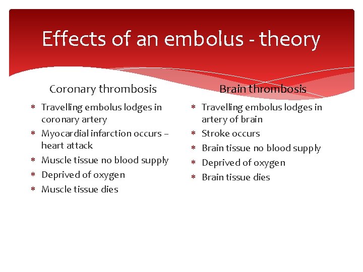 Effects of an embolus - theory Coronary thrombosis Travelling embolus lodges in coronary artery