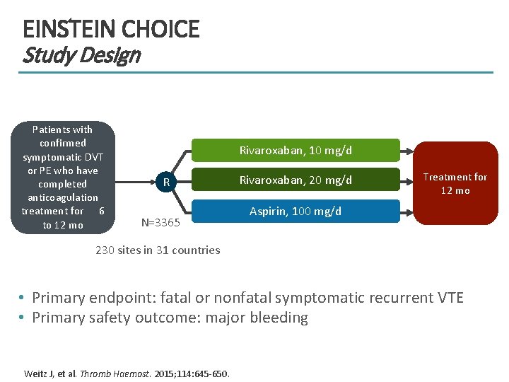 EINSTEIN CHOICE Study Design Patients with confirmed symptomatic DVT or PE who have completed