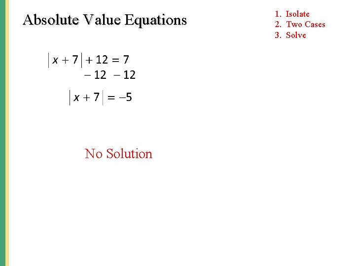 Absolute Value Equations No Solution 1. Isolate 2. Two Cases 3. Solve 