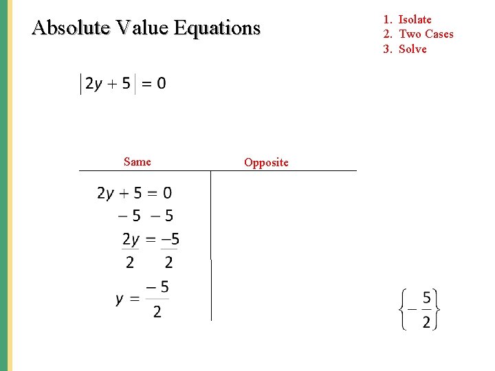 Absolute Value Equations Same Opposite 1. Isolate 2. Two Cases 3. Solve 