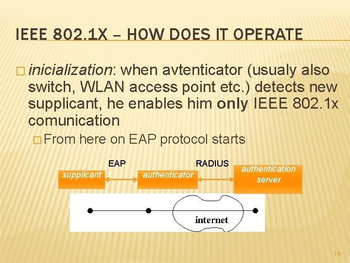 IEEE 802. 1 X – HOW DOES IT OPERATE � inicialization: when avtenticator (usualy