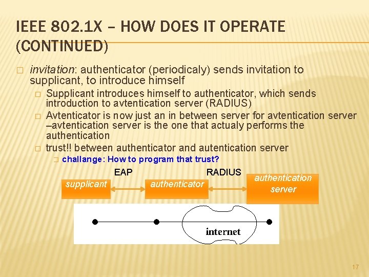 IEEE 802. 1 X – HOW DOES IT OPERATE (CONTINUED) � invitation: authenticator (periodicaly)