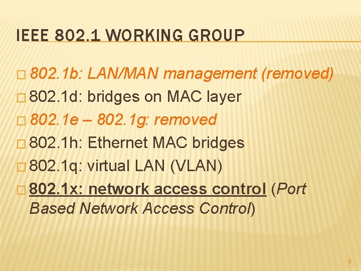 IEEE 802. 1 WORKING GROUP � 802. 1 b: LAN/MAN management (removed) � 802.
