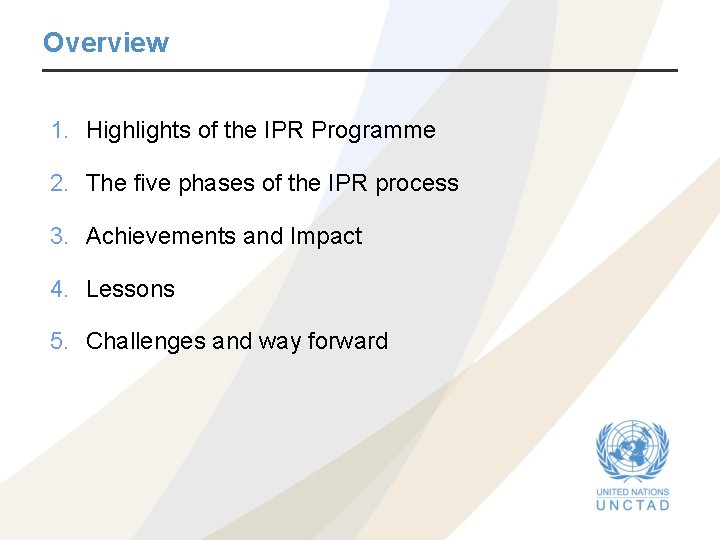 Overview 1. Highlights of the IPR Programme 2. The five phases of the IPR Overview 1. Highlights of the IPR Programme 2. The five phases of the IPR