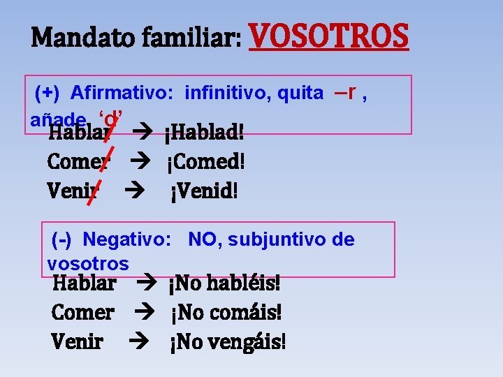 Mandato familiar: VOSOTROS (+) Afirmativo: infinitivo, quita –r , añade ‘d’ Hablar ¡Hablad! Comer