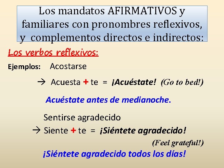 Los mandatos AFIRMATIVOS y familiares con pronombres reflexivos, y complementos directos e indirectos: Los