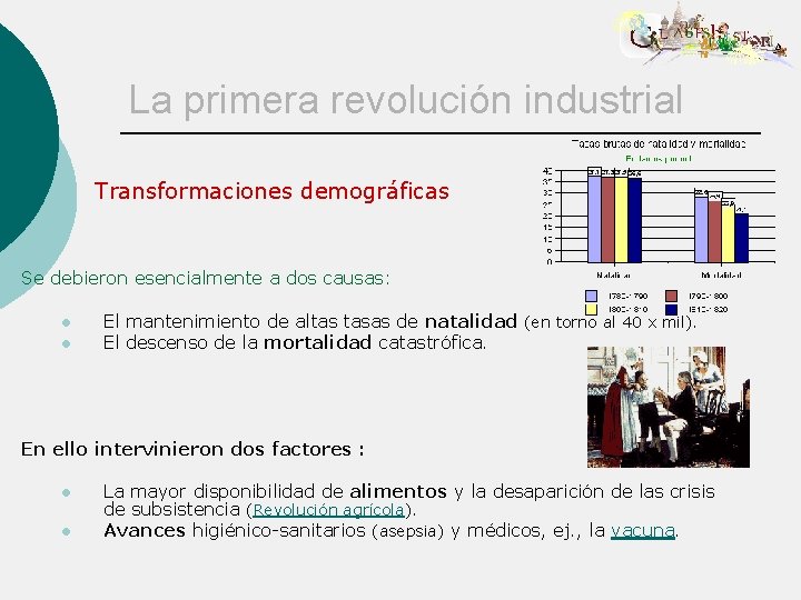 La primera revolución industrial Transformaciones demográficas Se debieron esencialmente a dos causas: l l