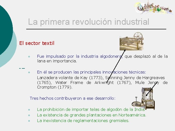 La primera revolución industrial El sector textil l Fue impulsado por la industria algodonera,