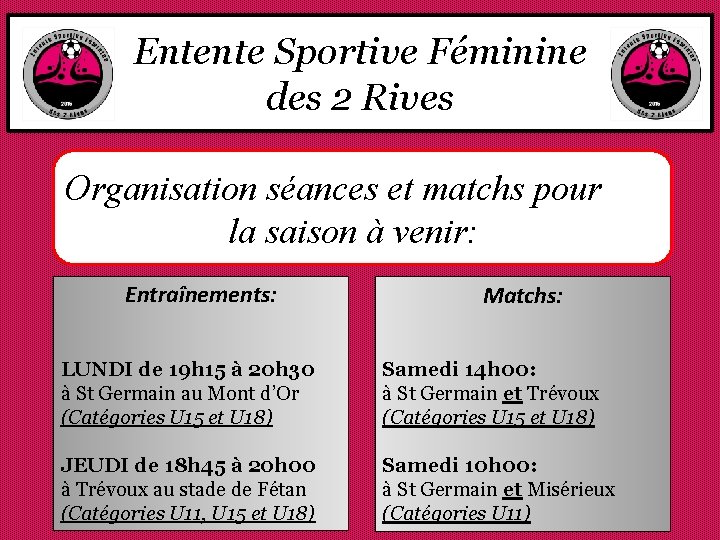 Entente Sportive Féminine des 2 Rives Organisation séances et matchs pour la saison à
