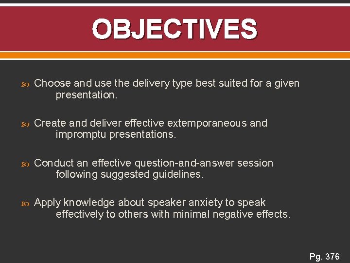 OBJECTIVES Choose and use the delivery type best suited for a given presentation. Create