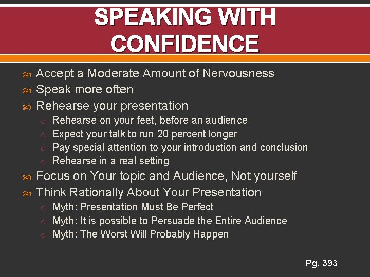 SPEAKING WITH CONFIDENCE Accept a Moderate Amount of Nervousness Speak more often Rehearse your